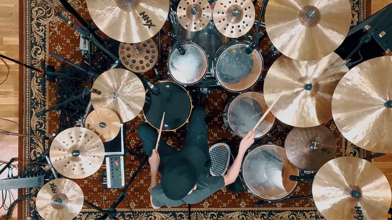 Drum kit in a recording studio.