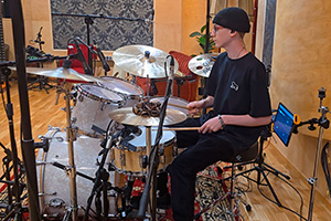 Miko Moon checks the tuning of a Yamaha kit before a recording session