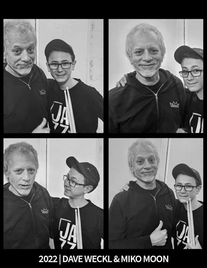 Miko Moon and Dave Weckl at a drum kit.