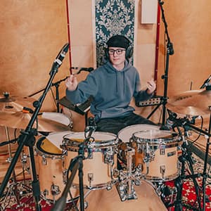 Drum kit prepared for recording in the studio.